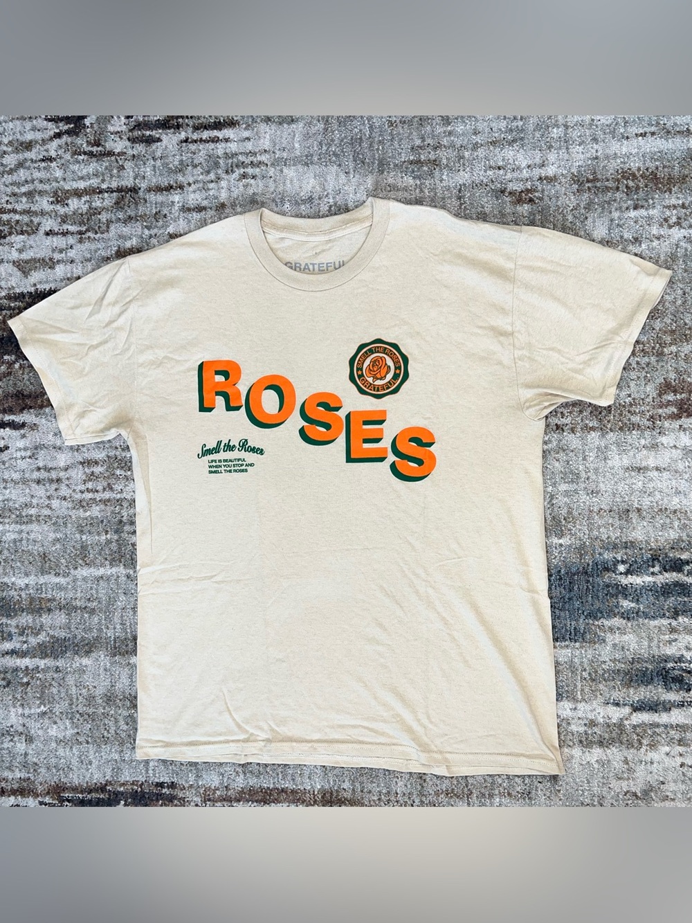 NEW Smell the ROSES GRATEFUL Tan Tee T-Shirt